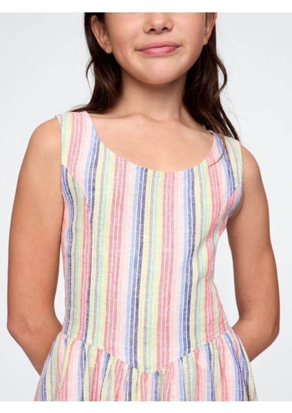 Kız Çocuk Çok Renkli Keten Karışımlı Çizgili Elbise fiyatları