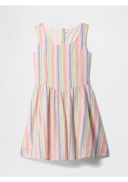 Kız Çocuk Çok Renkli Keten Karışımlı Çizgili Elbise fırsatları