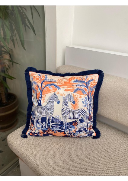 Zebra Desenli Çift Taraflı - Saçaklı Dekoratif Kırlent Kılıfı - 43X43CM - Dekoratif Kırlent Kılıfı