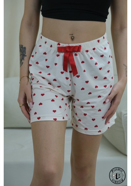 Beyaz Kalp Desenli Şort Kadın Pijama Altı