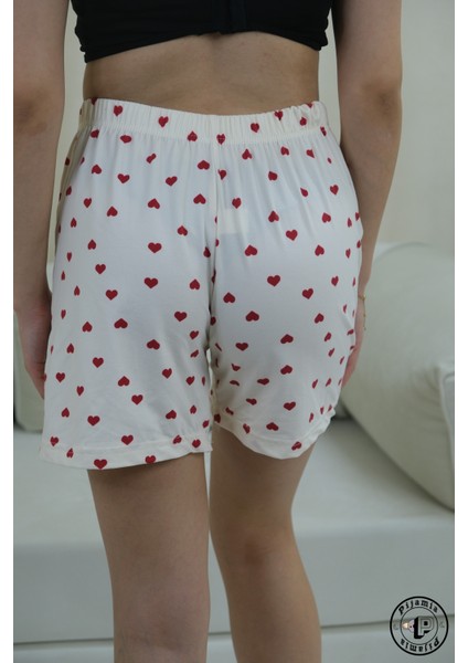 Beyaz Kalp Desenli Şort Kadın Pijama Altı