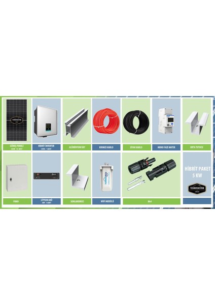 On Grid Lityum Hibrit 5 Kw Kva Monofaze Solar Güneş Paneli Paket Sistemi