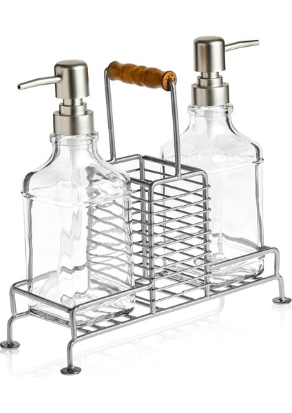 Stantlı 2'li Mutfak Sıvı Sabunluk Seti - Inox - 380 ml