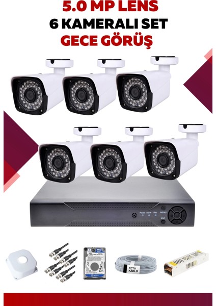 6 Kameralı Set - 5mp Sony Lensli Full Hd Gece Görüşlü Güvenlik Kamerası Sistemi - Rooffzjnh2