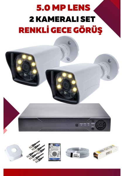 2 Kameralı Set - 5mp Sony Lensli Full Hd Gece Görüşlü Güvenlik Kamerası Sistemi - Mmzsktnsu7