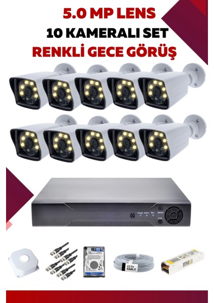 10 Kameralı Set - 5mp Sony Lensli Full Hd Gece Görüşlü Güvenlik Kamerası Sistemi - ZKNMP49SQF