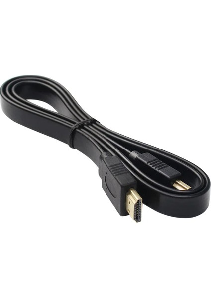 Düz Siyah 1.5 Metre Flat Yassı Gold Uçlu HDMI Kablo