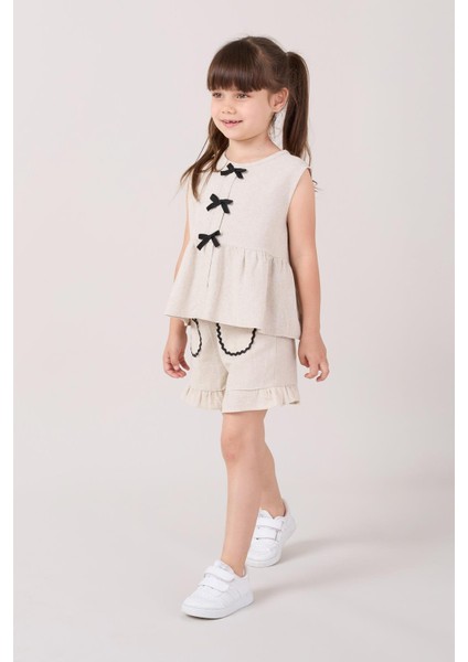Kız Çocuk Keten Krem Fırfırlı Şort ve Fiyonklu Bluz Takım fiyatları