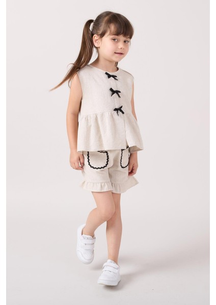 Kız Çocuk Keten Krem Fırfırlı Şort ve Fiyonklu Bluz Takım indirimleri