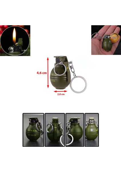 Küçük El Bombası Şeklinde Metal Çakmak Gazla Çalışan Anahtarlık Çakmak (1 Adet) Ebat: 4,6 cm x 2,8 cm