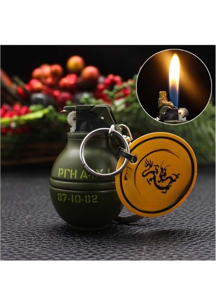 Küçük El Bombası Şeklinde Metal Çakmak Gazla Çalışan Anahtarlık Çakmak (1 Adet) Ebat: 4,6 cm x 2,8 cm