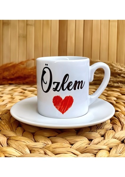 Kişiye Özel İsimli Kırmızı Kalp Figürlü Türk Kahvesi Fincanı