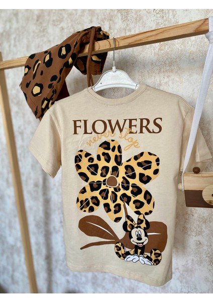 Kız Çocuk Minnie Mouse Baskılı Tişört ve Leopar Desenli Şort Takım