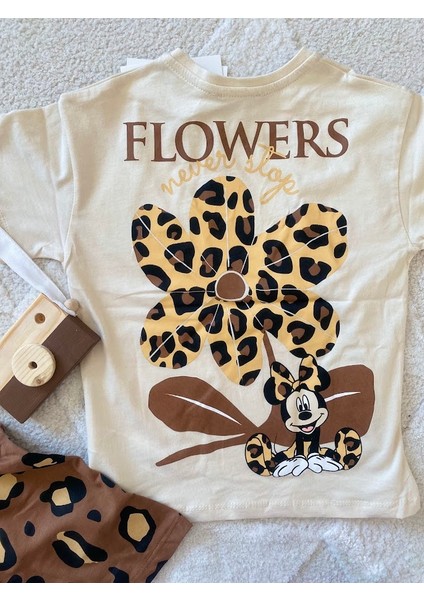 Kız Çocuk Minnie Mouse Baskılı Tişört ve Leopar Desenli Şort Takım