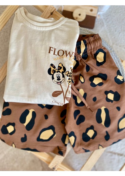 Kız Çocuk Minnie Mouse Baskılı Tişört ve Leopar Desenli Şort Takım