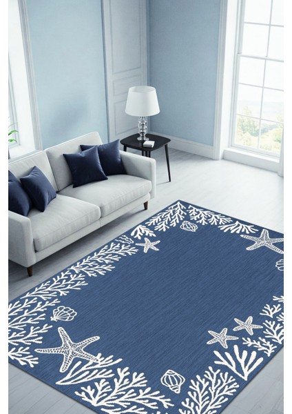 Denizyıldızı Desenli Mavi Dijital Baskılı Dokuma Kaymaz Tabanlı Yıkanabilir Antialerjik Oturma Odası Halısı