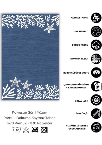 Mercan ve Deniz Yıldızı Desenli Dijital Baskılı Dokuma Kaymaz Tabanlı Yıkanabilir Antialerjik Genç Odası Halısı