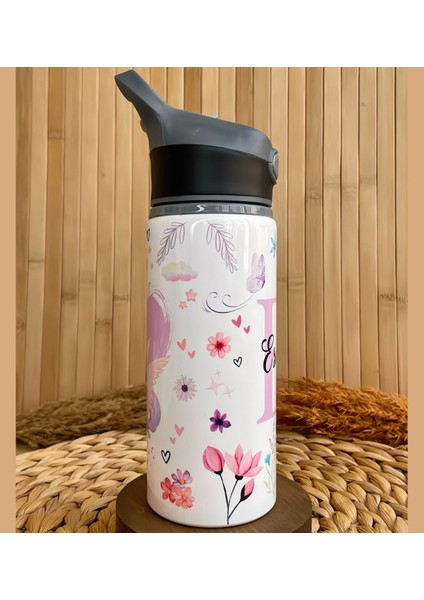 Kişiye Özel Isimli Kız Çocuk Çiçekli Unicorn Temalı Pipetli Suluk Matara 650 ml