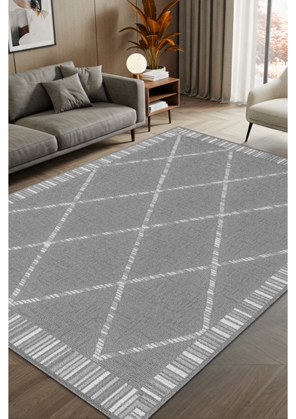 Gri Geometrik Desenli Dijital Baskılı Dokuma Kaymaz Tabanlı Yıkanabilir Salon Halısı