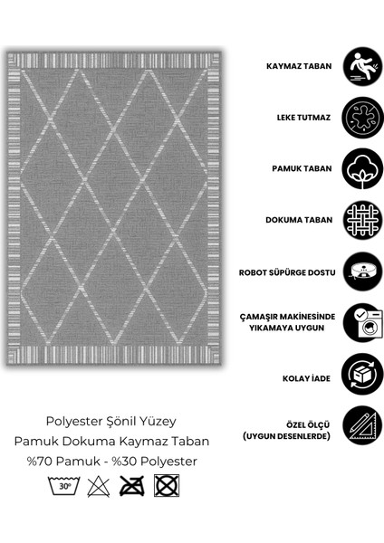 Gri Geometrik Desenli Dijital Baskılı Dokuma Kaymaz Tabanlı Yıkanabilir Salon Halısı