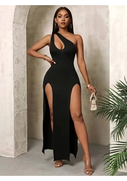 Kadın Tek Omuzdan Açık Damla Detaylı Yırtmaç Detaylı Uzun Janjan Krep Elbise fiyatları