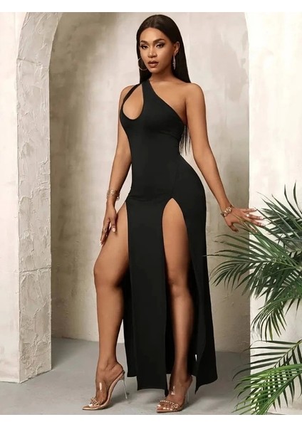 Kadın Tek Omuzdan Açık Damla Detaylı Yırtmaç Detaylı Uzun Janjan Krep Elbise indirimleri