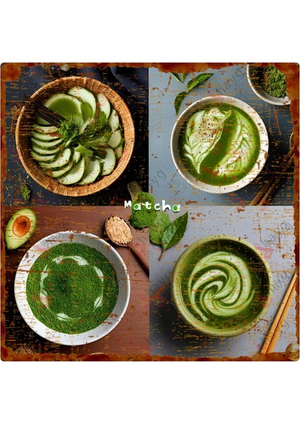 Matcha Temalı Uv Baskılı Alüminyum Dekoratif Tabela – Metal Duvar Süsü