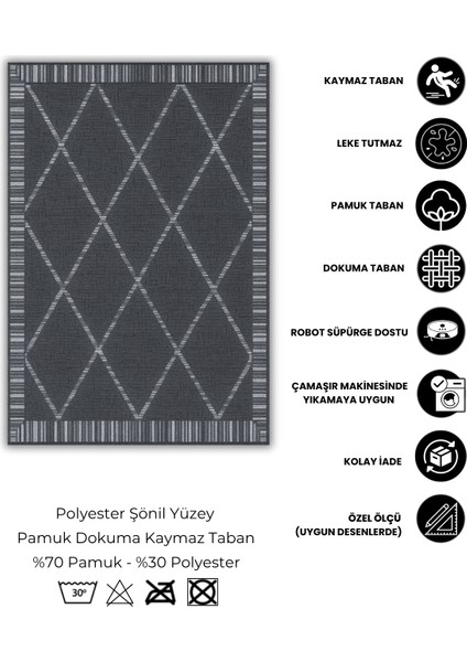 Antrasit Geometrik Desenli Dijital Baskılı Dokuma Kaymaz Tabanlı Yıkanabilir Antre Halısı