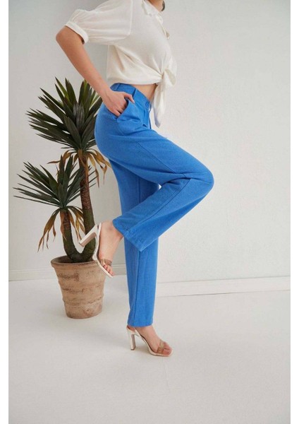 Fermuarlı Mavi Keten Pantolon fiyatları
