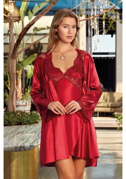 5344 Kadın Saten Gecelik Sabahlık Takım-Bordo