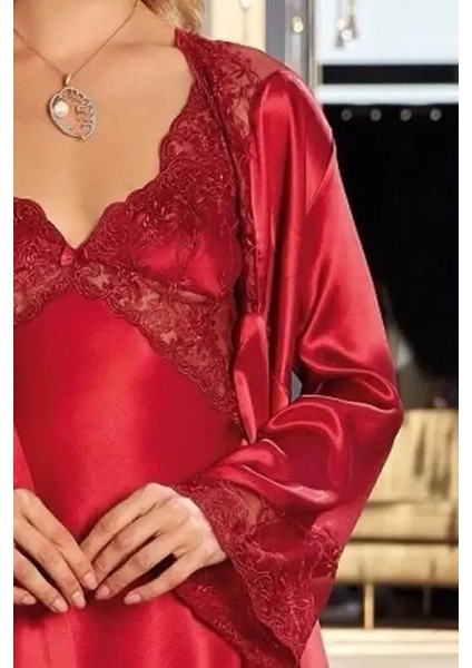 5344 Kadın Saten Gecelik Sabahlık Takım-Bordo fiyatları