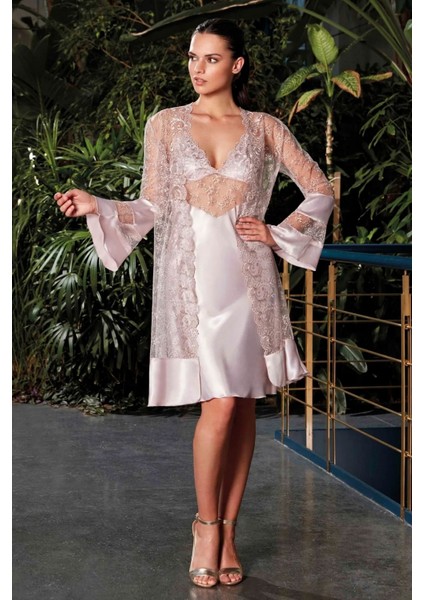 5374 Kadın Dantel Sabahlıklı Saten Gecelik Takım-Pudra