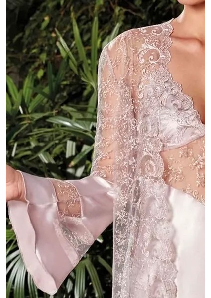 5374 Kadın Dantel Sabahlıklı Saten Gecelik Takım-Pudra fiyatları