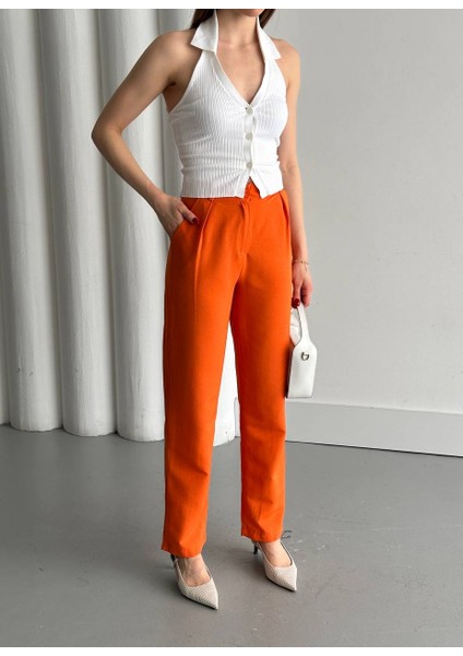 Fermuarlı Orange Keten Pantolon