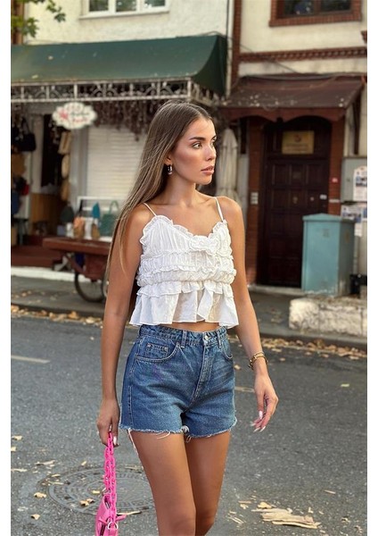 Ladin Askılı Gül Detaylı Kadın Bluz Crop