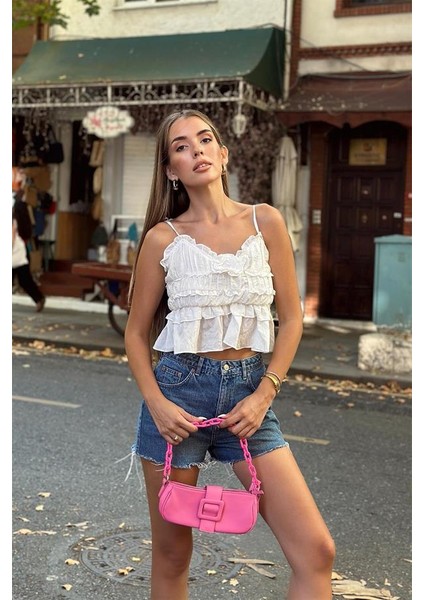 Ladin Askılı Gül Detaylı Kadın Bluz Crop