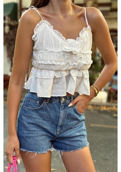 Ladin Askılı Gül Detaylı Kadın Bluz Crop