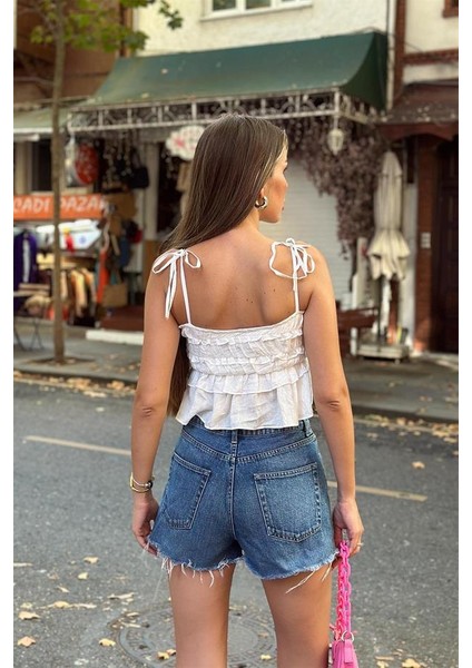 Ladin Askılı Gül Detaylı Kadın Bluz Crop