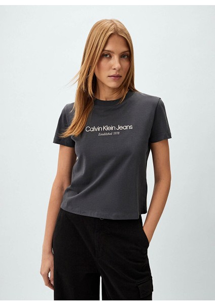 Bisiklet Yaka Baskılı Siyah Kadın T-Shirt J20J224914BAN