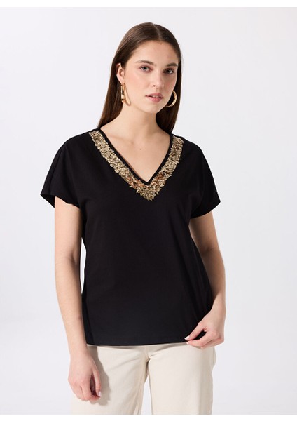 Siyah Kadın Relaxed Payetli T-Shirt FC5SL-TST0118