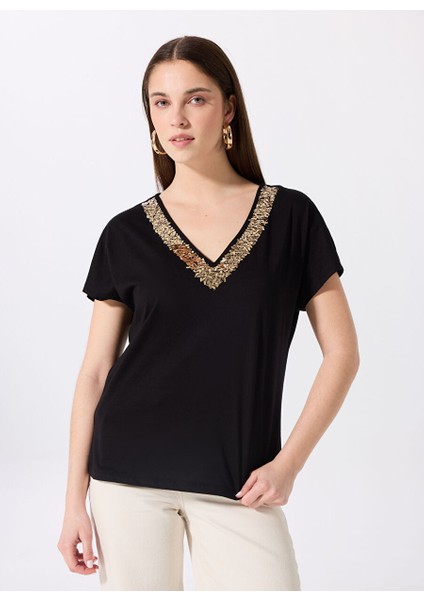 Siyah Kadın Relaxed Payetli T-Shirt FC5SL-TST0118 modelleri