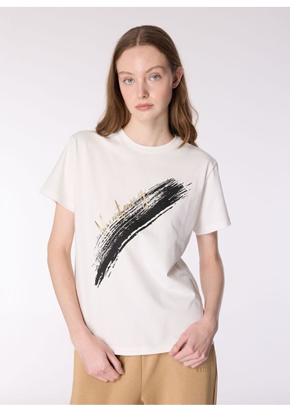 Ekru Kadın Relaxed Varaklı T-Shirt M4WL-TST-1963