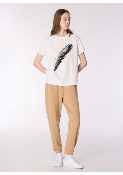 Ekru Kadın Relaxed Varaklı T-Shirt M4WL-TST-1963