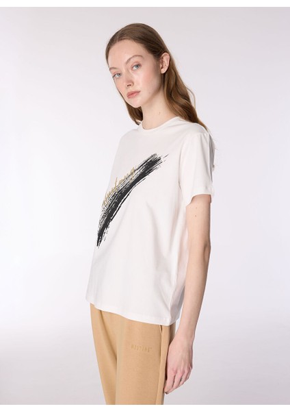 Ekru Kadın Relaxed Varaklı T-Shirt M4WL-TST-1963