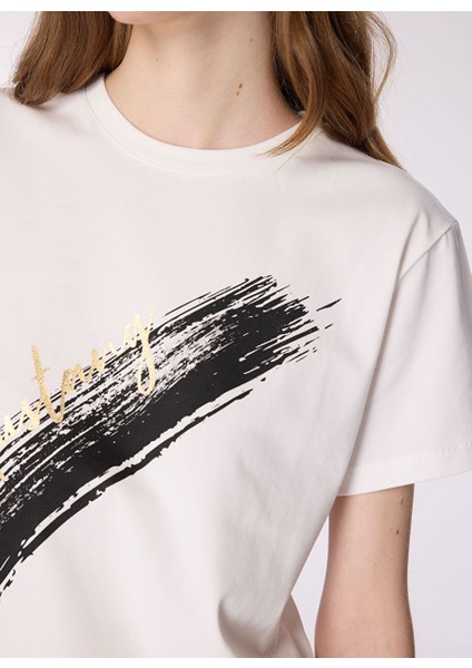 Ekru Kadın Relaxed Varaklı T-Shirt M4WL-TST-1963