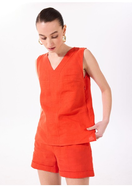 Nar Çiçeği Kadın V Yaka Rahat Kalıp %100 Keten Bluz FC5SL-BLZ0139 modelleri