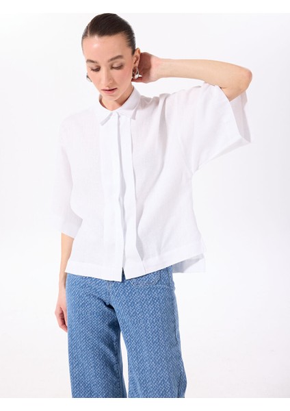 Beyaz Kadın Loose Fit %100 Keten Gömlek F5SL-GML0063