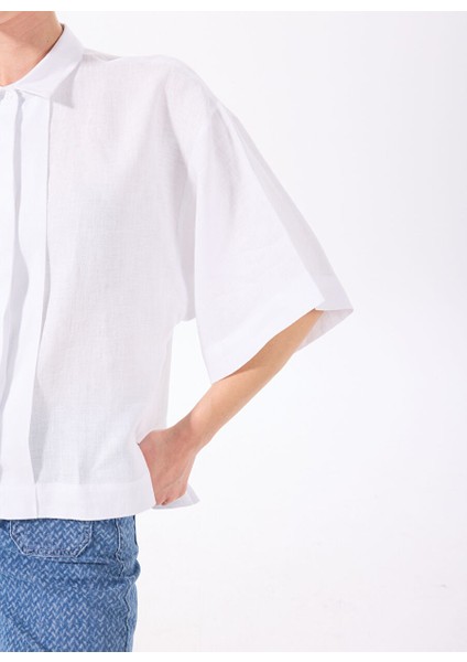 Beyaz Kadın Loose Fit %100 Keten Gömlek F5SL-GML0063 fırsatları