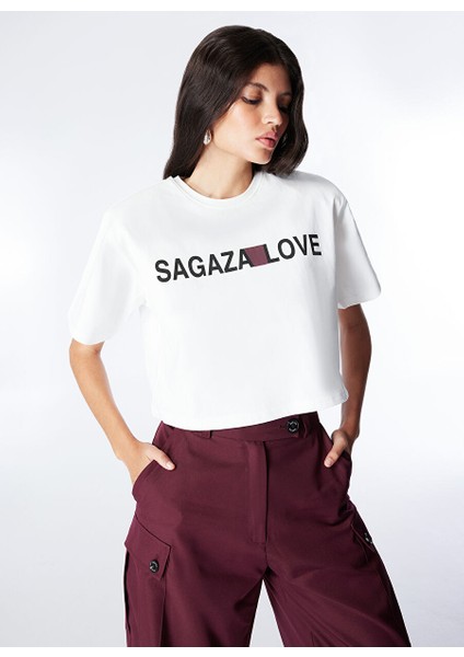 Beyaz Kadın Crop Baskılı T-Shirt SGZB143