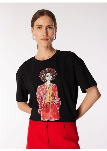 Bisiklet Yaka Baskılı Siyah Kadın T-Shirt F3WL-TST3
